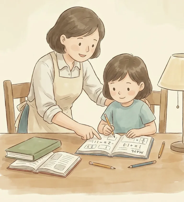 A parent helping a child with maths homework at the kitchen table