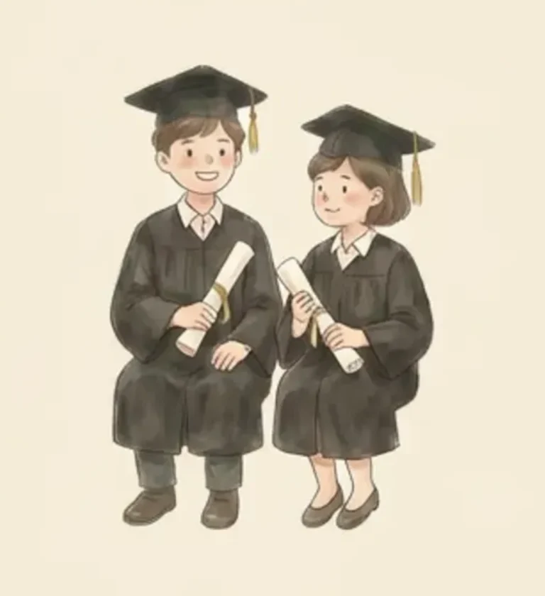 Two students in graduation gowns holding their certificates