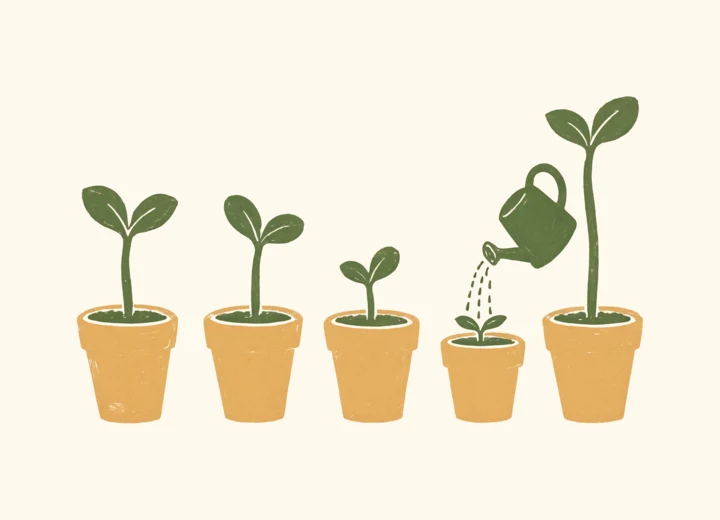 Five potted seedlings of different heights, with a watering can pouring water on the smallest