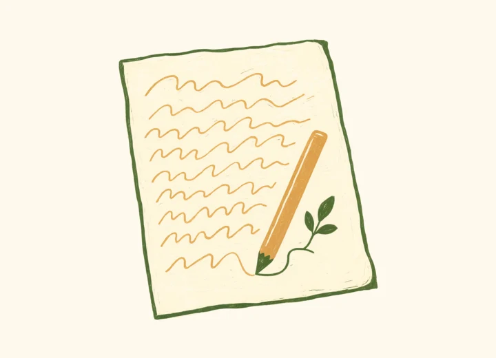 A pencil finishing a page of handwritten working, its last line curling up into a small sprout