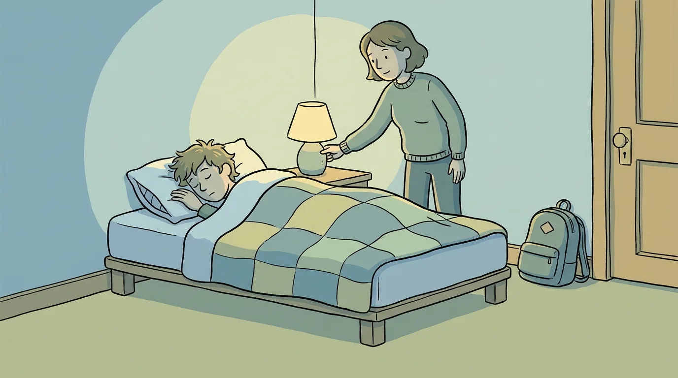 A parent dimming a lamp while a teenager sleeps before an exam day.