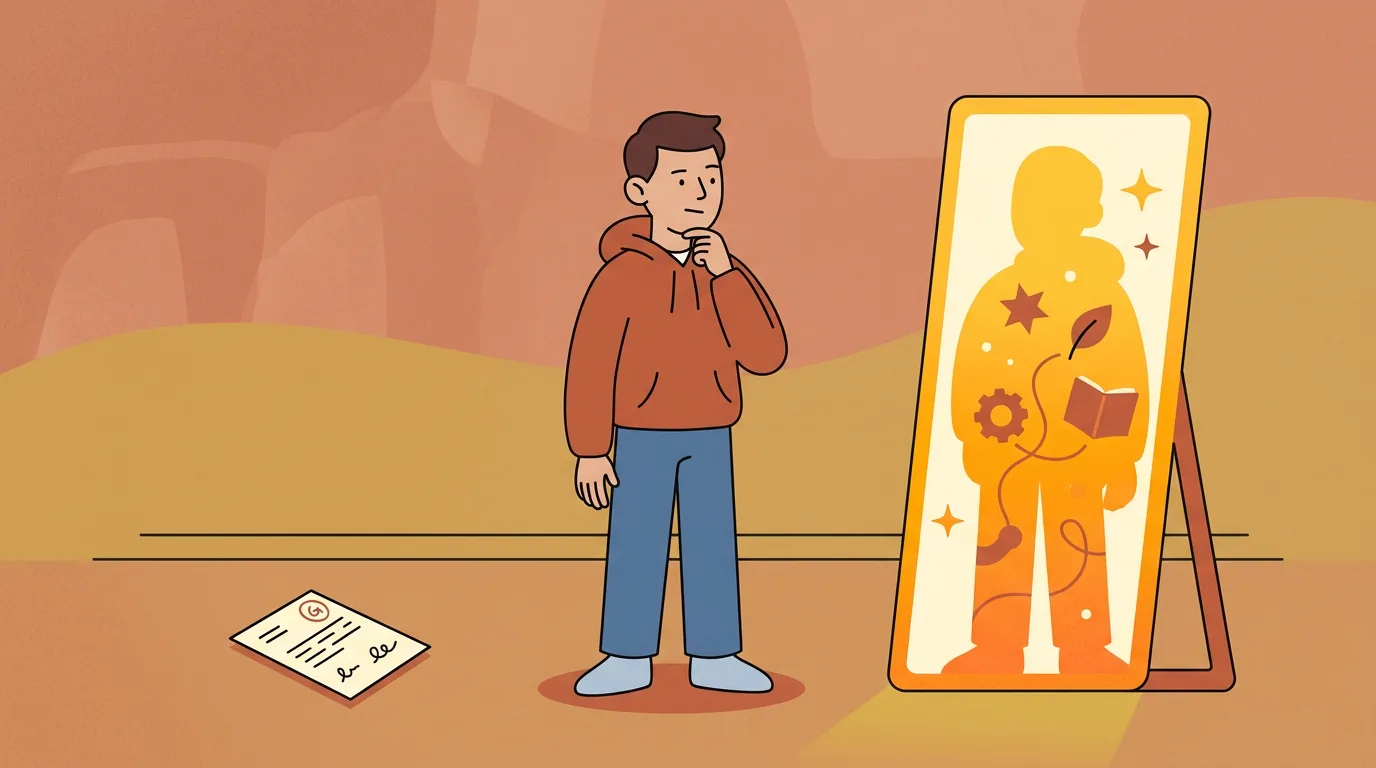 A student standing near a small marked paper and a larger bright mirror-like shape representing their whole self.
