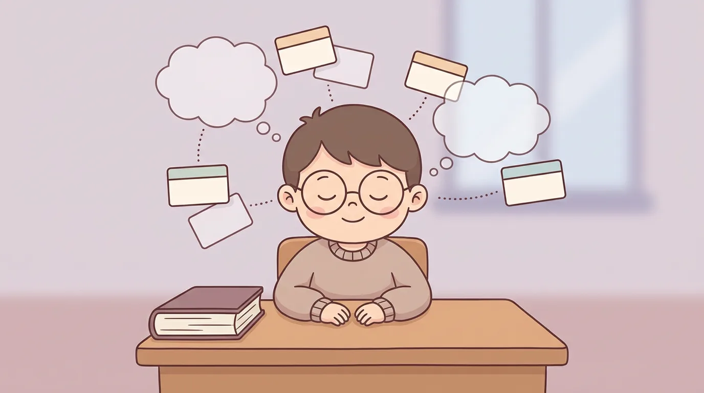 A child calmly recalling ideas with a closed book and blank flashcards nearby.